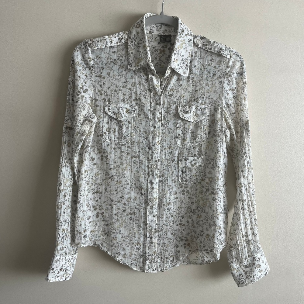 Fei Anthropologie Floral Utility Shirt Size S Cotton Epaulette Button Down